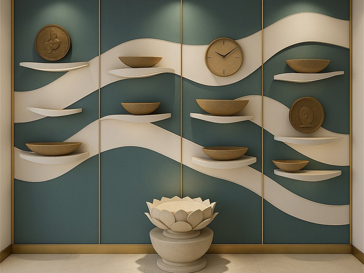 Wave-shaped wall shelving in Modern Canvas Core composite board on a teal wall
