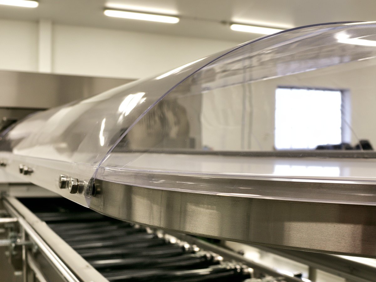Clear acrylic guard fitted over the conveyor of a stainless steel packaging machine